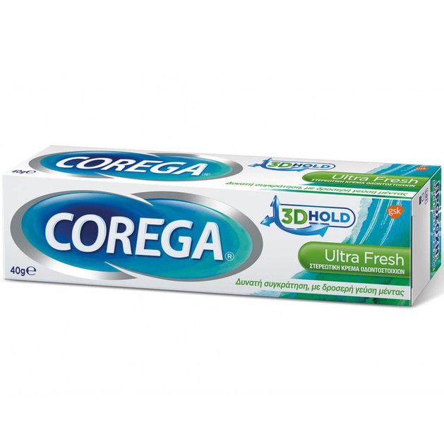 Corega 3D Hold Ultra Fresh Στερεωτική Κρέμα Οδοντοστοιχιών Προσφέρει Δυνατή Συγκράτηση, με Δροσερή Γεύση Μέντας 40gr Corega 3D Hold Ultra Fresh Στερεωτική Κρέμα Οδοντοστοιχιών Προσφέρει Δυνατή Συγκράτηση, με Δροσερή Γεύση Μέντας 40gr