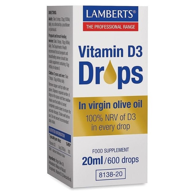 Lamberts Vitamin D3 Drops Συμπλήρωμα Διατροφής σε Παρθένο Ελαιόλαδο 20ml / 600drops Lamberts Vitamin D3 Drops Συμπλήρωμα Διατροφής σε Παρθένο Ελαιόλαδο 20ml / 600drops