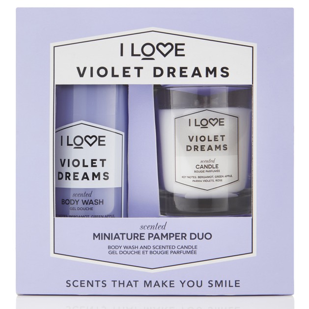 I love... Miniature Pamper Duo Violet Dreams Body Wash 100ml & Violet Dreams Scented Candle Parfum 60gr I love... Miniature Pamper Duo Violet Dreams Body Wash 100ml & Violet Dreams Scented Candle Parfum 60gr