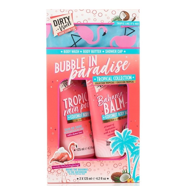 Dirty Works Bubble in Paradise Tropical Collection Kit Coconut Body Wash 125ml & Coconut Body Balm 125 & Shower Cap 1 Τεμάχιο Dirty Works Bubble in Paradise Tropical Collection Kit Coconut Body Wash 125ml & Coconut Body Balm 125 & Shower Cap 1 Τεμάχιο