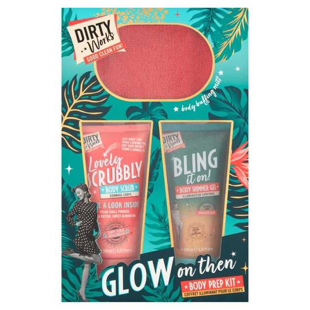Dirty Works Glow On Then Body Prer Kit Lovely Scrubbly Body Scrub 150ml & Bring it On Body Shimmer Gel 150ml & Body Buffing Mitt Dirty Works Glow On Then Body Prer Kit Lovely Scrubbly Body Scrub 150ml & Bring it On Body Shimmer Gel 150ml & Body Buffing Mitt