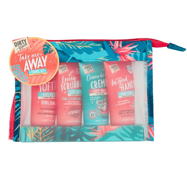 Dirty Works Take Me Away Travel Set Hand Cream 50ml & Body Wash 50ml & Body Scrub 50ml & Body Butter 50ml Dirty Works Take Me Away Travel Set Hand Cream 50ml & Body Wash 50ml & Body Scrub 50ml & Body Butter 50ml
