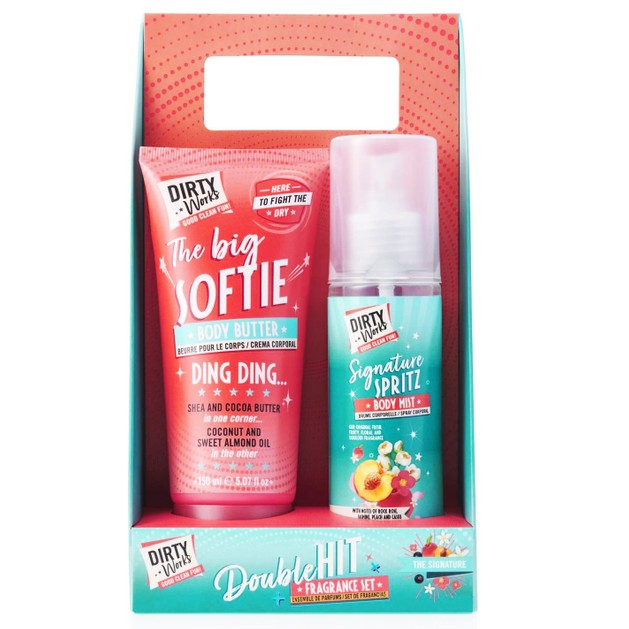 Dirty Works Double Hit Fragrance Set, Signature Spritz Body Mist 120ml & The Big Softie Body Butter 150ml Dirty Works Double Hit Fragrance Set, Signature Spritz Body Mist 120ml & The Big Softie Body Butter 150ml