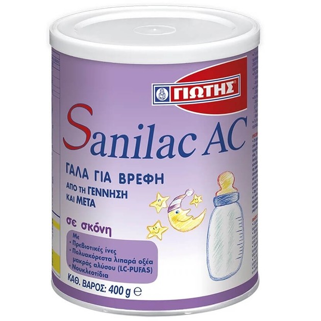 Sanilac AC Γάλα Ειδικής Διατροφής Κατά των Κολικών, για Βρέφη από την Γέννηση και Μετά 400gr Sanilac AC Γάλα Ειδικής Διατροφής Κατά των Κολικών, για Βρέφη από την Γέννηση και Μετά 400gr