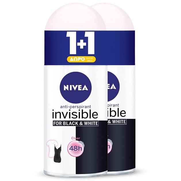 Nivea Invisible for Women Black & White Clear Roll On Γυναικείο Αποσμητικό Κατά των Λευκών Σημαδιών 2x50ml 1+1 Δώρο Nivea Invisible for Women Black & White Clear Roll On Γυναικείο Αποσμητικό Κατά των Λευκών Σημαδιών 2x50ml 1+1 Δώρο