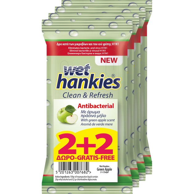 Wet Hankies Promo Pack Antibacterial Green Apple 4x15Τεμάχια Wet Hankies Promo Pack Antibacterial Green Apple 4x15Τεμάχια
