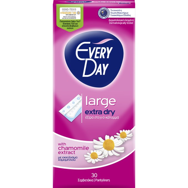 Every Day Extra Dry Large Ανατομικά Σερβιετάκια με Έξτρα Στεγνό Κάλυμμα & Εκχύλισμα Χαμομηλιού 30 Τεμάχια Every Day Extra Dry Large Ανατομικά Σερβιετάκια με Έξτρα Στεγνό Κάλυμμα & Εκχύλισμα Χαμομηλιού 30 Τεμάχια
