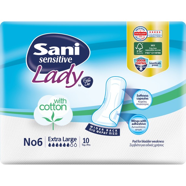 Sani Sensitive Lady With Cotton No6 Extra Large Σερβιέτες Ακράτειας με Βαμβάκι 10 Τεμάχια Sani Sensitive Lady With Cotton No6 Extra Large Σερβιέτες Ακράτειας με Βαμβάκι 10 Τεμάχια