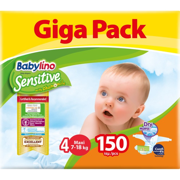 Babylino Sensitive Giga Pack Maxi Νο4 (7-18kg) Βρεφικές Πάνες 150 Τεμάχια Babylino Sensitive Giga Pack Maxi Νο4 (7-18kg) Βρεφικές Πάνες 150 Τεμάχια
