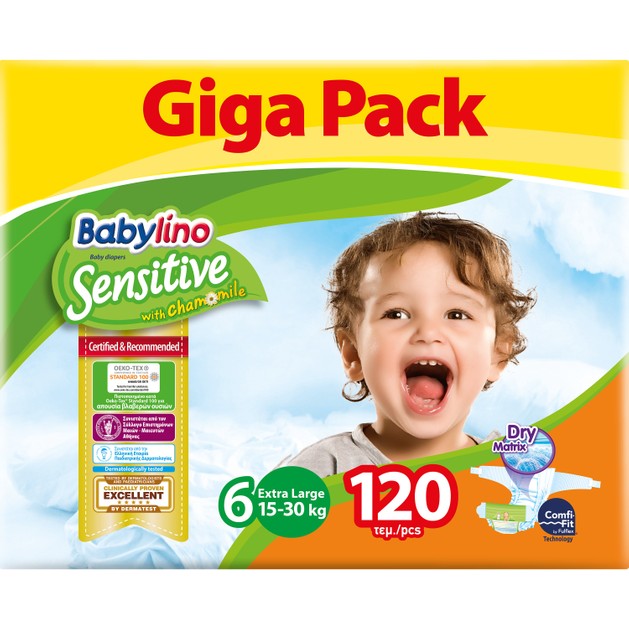 Babylino Sensitive Giga Pack Extra Large Νο6 (15-30kg) Παιδικές Πάνες 120 τεμάχια Babylino Sensitive Giga Pack Extra Large Νο6 (15-30kg) Παιδικές Πάνες 120 τεμάχια