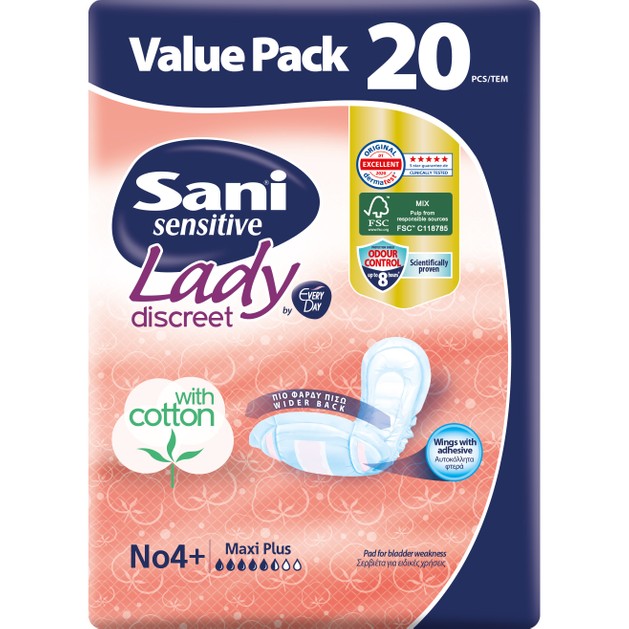 Sani Sensitive Lady Discreet Maxi Plus No 4+ Value Pack Σερβιέτες Ακράτειας με Βαμβάκι 20 Τεμάχια Sani Sensitive Lady Discreet Maxi Plus No 4+ Value Pack Σερβιέτες Ακράτειας με Βαμβάκι 20 Τεμάχια