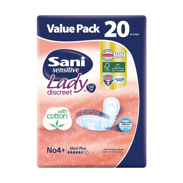 Sani Sensitive Lady Discreet Maxi Plus No 4+ Value Pack Σερβιέτες Ακράτειας με Βαμβάκι 20 Τεμάχια σε Ειδική Τιμή Sani Sensitive Lady Discreet Maxi Plus No 4+ Value Pack Σερβιέτες Ακράτειας με Βαμβάκι 20 Τεμάχια σε Ειδική Τιμή