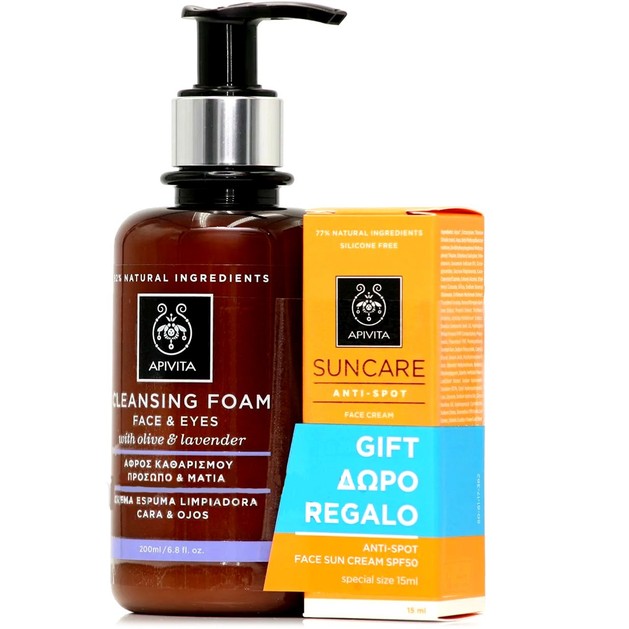Apivita Πακέτο Προσφοράς Cleansing Foam Face & Eyes With Olive & Lavender 200ml & Δώρο Suncare Anti-Spot Face Cream Spf50 15ml Apivita Πακέτο Προσφοράς Cleansing Foam Face & Eyes With Olive & Lavender 200ml & Δώρο Suncare Anti-Spot Face Cream Spf50 15ml
