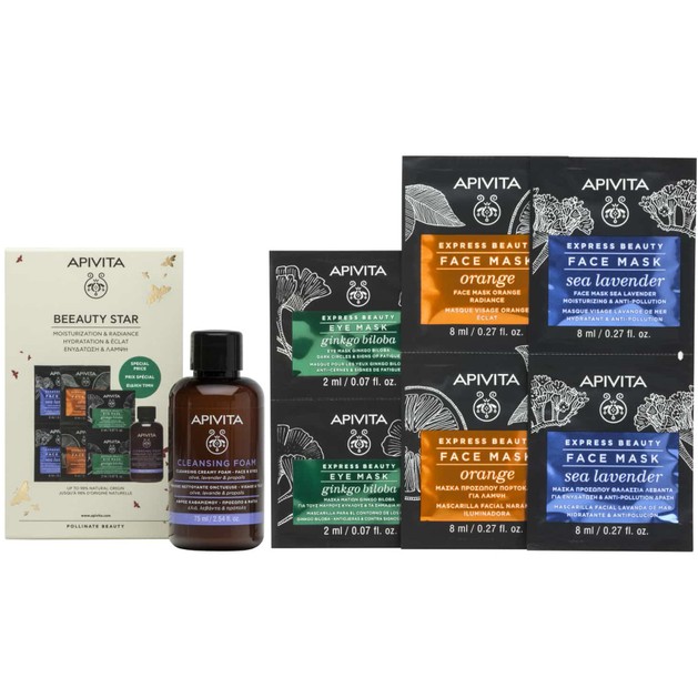 Apivita Promo Beeauty Star Moisturizing Face Mask Sea Lavender 2x8ml & Face Mask Orange 2x8ml & Eye Mask Ginkgo Biloba 2x2ml & Face, Eyes Cleansing Foam 75ml Apivita Promo Beeauty Star Moisturizing Face Mask Sea Lavender 2x8ml & Face Mask Orange 2x8ml & Eye Mask Ginkgo Biloba 2x2ml & Face, Eyes Cleansing Foam 75ml