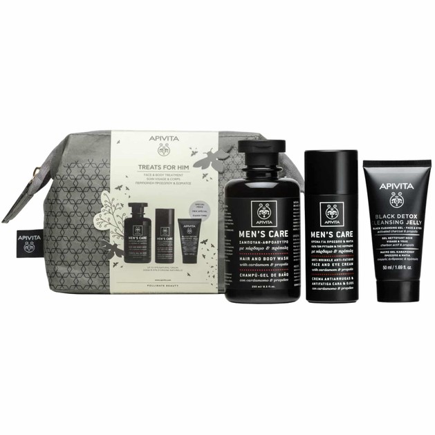 Apivita Πακέτο Προσφοράς Treats for Him Men\'s Care Hair & Body Wash 250ml & Anti-Wrinkle, Anti-Fatique Face & Eye Cream 50ml & Black Detox Cleansing Jelly 50ml & Δώρο Νεσεσέρ Apivita Πακέτο Προσφοράς Treats for Him Men\'s Care Hair & Body Wash 250ml & Anti-Wrinkle, Anti-Fatique Face & Eye Cream 50ml & Black Detox Cleansing Jelly 50ml & Δώρο Νεσεσέρ