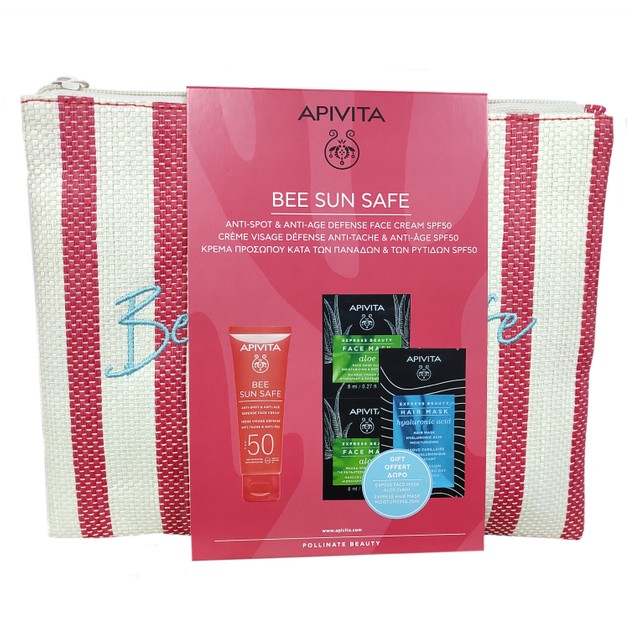 Apivita Promo Bee Sun Safe Anti-Spot & Anti-Age Defence Face Cream Spf50, 50ml, Express Beauty Face Mask with Aloe 2x8ml, Express Beauty Moisturizing Hair Mask Hyaluronic Acid & Δώρο Νεσεσέρ Apivita Promo Bee Sun Safe Anti-Spot & Anti-Age Defence Face Cream Spf50, 50ml, Express Beauty Face Mask with Aloe 2x8ml, Express Beauty Moisturizing Hair Mask Hyaluronic Acid & Δώρο Νεσεσέρ
