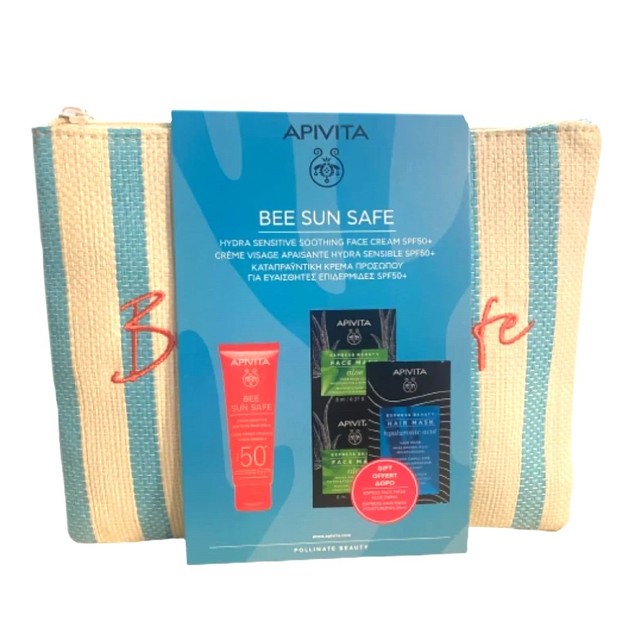 Apivita Promo Bee Sun Safe Hydra Sensitive Soothing Face Cream Spf50+, 50ml, Express Beauty Face Mask with Aloe 2x8ml, Express Beauty Moisturizing Hair Mask Hyaluronic Acid 20ml & Δώρο Νεσεσέρ Apivita Promo Bee Sun Safe Hydra Sensitive Soothing Face Cream Spf50+, 50ml, Express Beauty Face Mask with Aloe 2x8ml, Express Beauty Moisturizing Hair Mask Hyaluronic Acid 20ml & Δώρο Νεσεσέρ