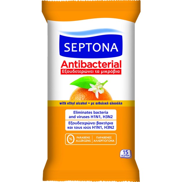 Septona Antibacterial Wipes Orange Αντιβακτηριδιακά Μαντηλάκια Χεριών με Άρωμα Ανθός Πορτοκαλιού 15 Τεμάχια Septona Antibacterial Wipes Orange Αντιβακτηριδιακά Μαντηλάκια Χεριών με Άρωμα Ανθός Πορτοκαλιού 15 Τεμάχια