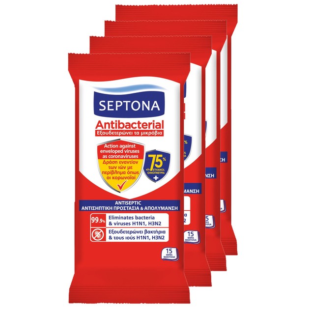 Septona Πακέτο Προσφοράς Antibacterial Refresh Antiseptic Wipes 4x15 wipes 2+2 Δώρο Septona Πακέτο Προσφοράς Antibacterial Refresh Antiseptic Wipes 4x15 wipes 2+2 Δώρο