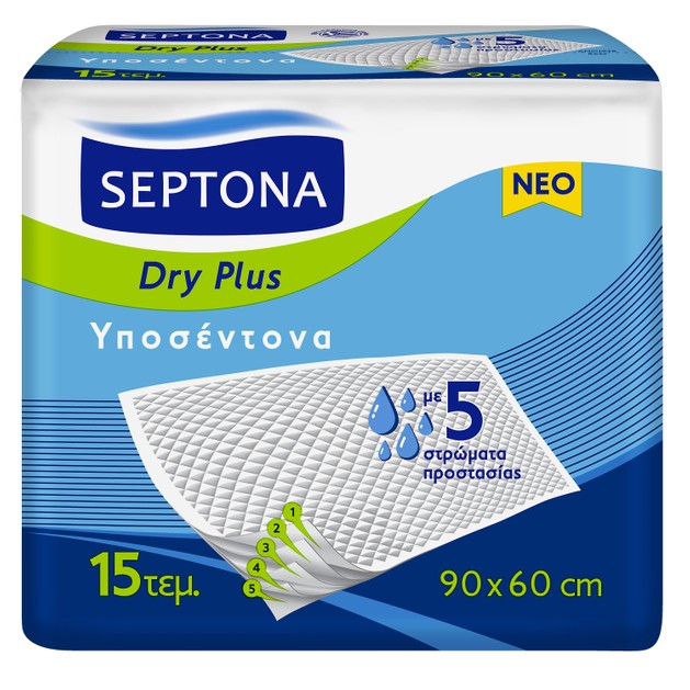 Septona Dry PLus Υποσέντονα με 5 Στρώματα Προστασίας 90 x 60cm 15 Τεμάχια Septona Dry PLus Υποσέντονα με 5 Στρώματα Προστασίας 90 x 60cm 15 Τεμάχια
