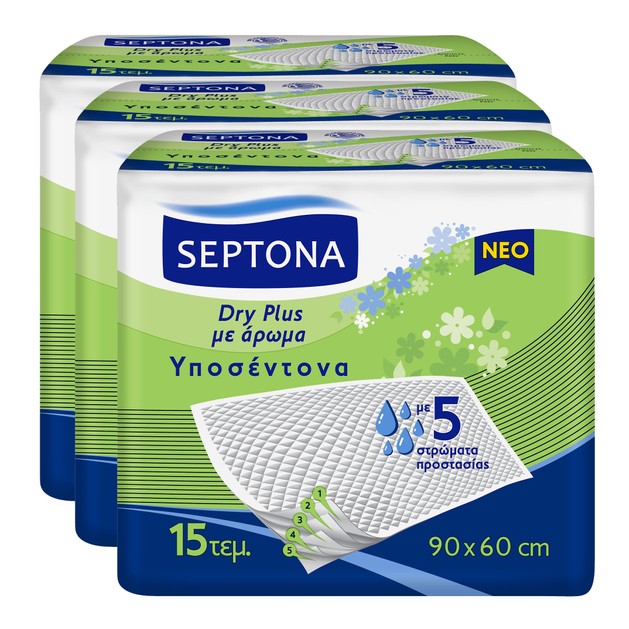 Septona Πακέτο Προσφοράς Dry PLus Υποσέντονα με Απαλό Άρωμα για Έλεγχο των Οσμών & 5 Στρώματα Προστασίας 90 x 60cm 45 Τεμάχια Septona Πακέτο Προσφοράς Dry PLus Υποσέντονα με Απαλό Άρωμα για Έλεγχο των Οσμών & 5 Στρώματα Προστασίας 90 x 60cm 45 Τεμάχια
