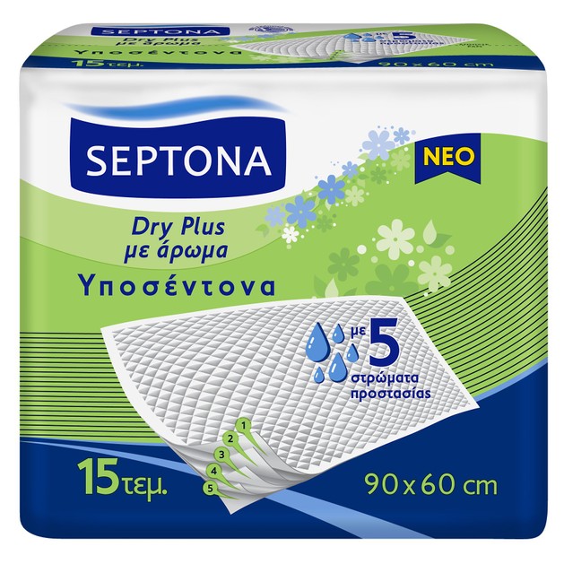 Septona Dry PLus Υποσέντονα με Απαλό Άρωμα για Έλεγχο των Οσμών & 5 Στρώματα Προστασίας 90 x 60cm 15 Τεμάχια Septona Dry PLus Υποσέντονα με Απαλό Άρωμα για Έλεγχο των Οσμών & 5 Στρώματα Προστασίας 90 x 60cm 15 Τεμάχια