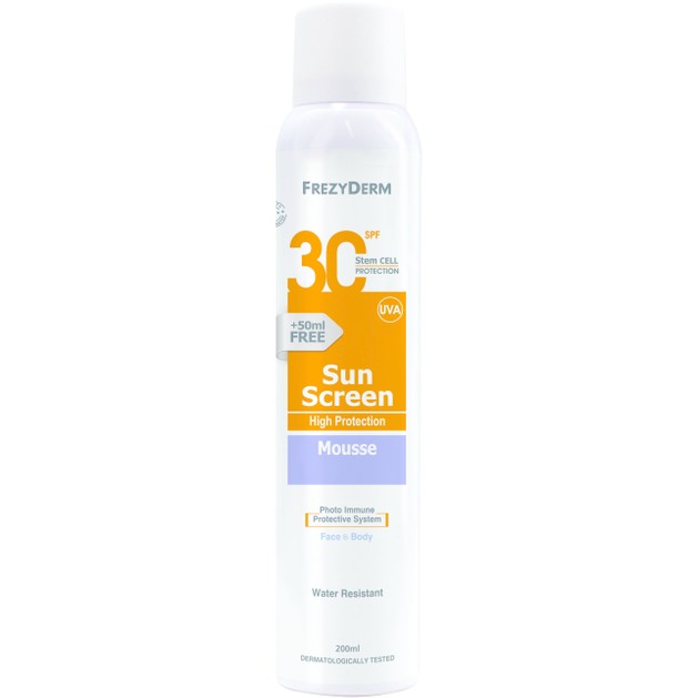 Frezyderm Sun Screen Mousse Spf30 Υψηλή Αντηλιακή Προστασία Προσώπου Σώματος σε Μορφή Αφρού 200ml Frezyderm Sun Screen Mousse Spf30 Υψηλή Αντηλιακή Προστασία Προσώπου Σώματος σε Μορφή Αφρού 200ml