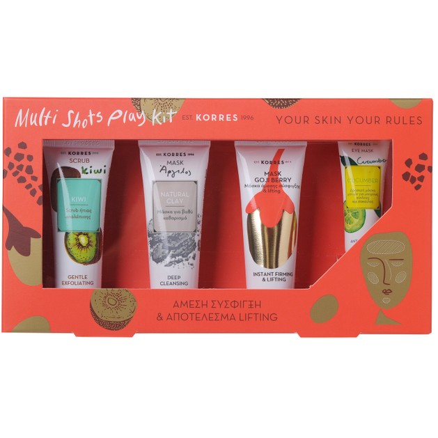 Korres Multi Shots Play Kit Scrub Ακτινίδιο18ml,Μάσκα με Άργιλο 18ml,Μάσκα Σύσφιγξης Goji Berry 18ml,Μάσκα Ματιών με Αγγούρι 8ml Korres Multi Shots Play Kit Scrub Ακτινίδιο18ml,Μάσκα με Άργιλο 18ml,Μάσκα Σύσφιγξης Goji Berry 18ml,Μάσκα Ματιών με Αγγούρι 8ml