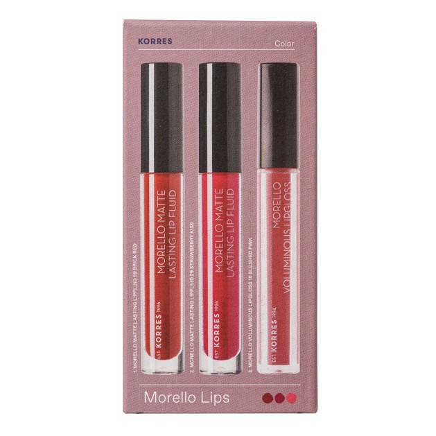 Korres Promo Morello Matte Lip Fluid No52 Poppy Red & No29 Strawberry Kiss 2x3.4ml & Voluminous Lipgloss No16 Blshed Pink 4ml Korres Promo Morello Matte Lip Fluid No52 Poppy Red & No29 Strawberry Kiss 2x3.4ml & Voluminous Lipgloss No16 Blshed Pink 4ml