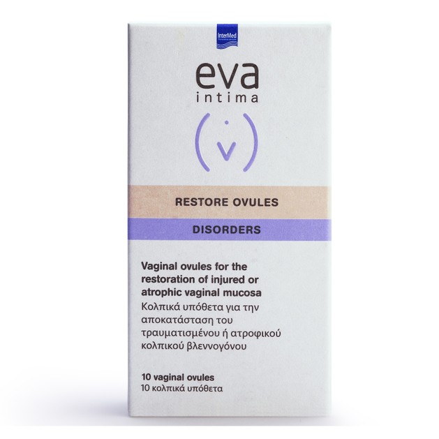 Eva Intima Restore Ovules Disorders Κολπικά Υπόθετα για Αποκατάσταση του Τραυματισμένου, Ατροφικού Κολπικού Βλεννογόνου 10 Ovule Eva Intima Restore Ovules Disorders Κολπικά Υπόθετα για Αποκατάσταση του Τραυματισμένου, Ατροφικού Κολπικού Βλεννογόνου 10 Ovule