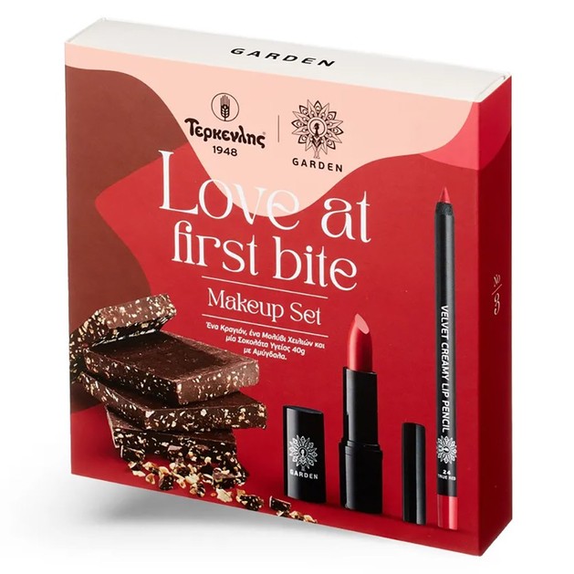 Garden Love at First Bite Make up Set Intense Color Lipstick Matte 4.5gr & Velvet Creamy Lip Pencil 1.4gr & Dark Chocolate with Almonds 40gr Garden Love at First Bite Make up Set Intense Color Lipstick Matte 4.5gr & Velvet Creamy Lip Pencil 1.4gr & Dark Chocolate with Almonds 40gr