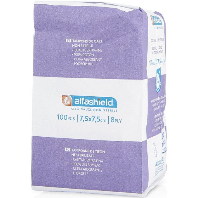 AlfaShield Gauze Swabs Non Sterile 7.5cm x 7.5cm 8ply 100 Τεμάχια AlfaShield Gauze Swabs Non Sterile 7.5cm x 7.5cm 8ply 100 Τεμάχια