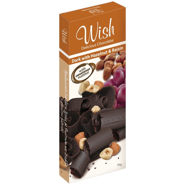 Wish Delicious Dark Chocolate with Hazelnut & Raisin 75g Wish Delicious Dark Chocolate with Hazelnut & Raisin 75g