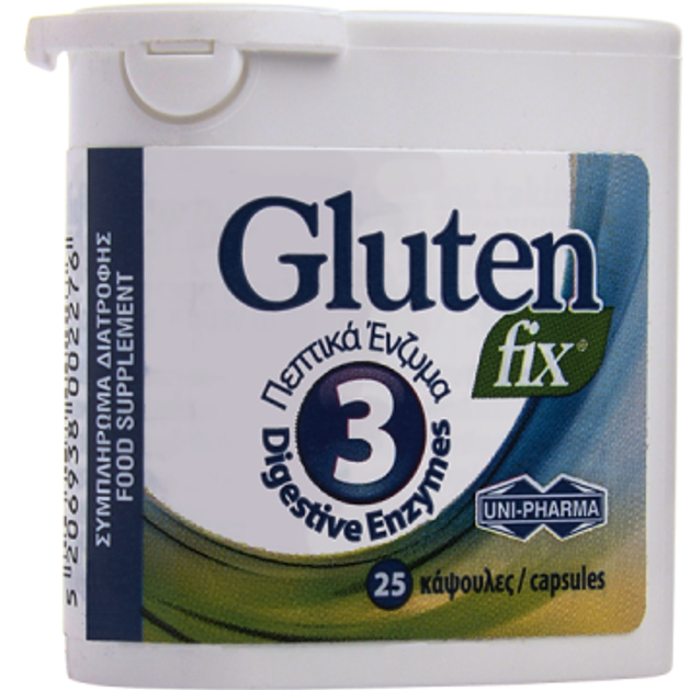 Uni-Pharma Gluten Fix, Συμπλήρωμα Διατροφής που Υποστηρίζει τη Διαδικασία της Πέψης με 3 Πεπτικά Ένζυμα 25κάψουλες Uni-Pharma Gluten Fix, Συμπλήρωμα Διατροφής που Υποστηρίζει τη Διαδικασία της Πέψης με 3 Πεπτικά Ένζυμα 25κάψουλες