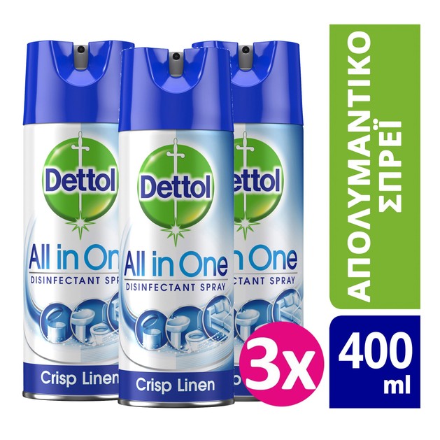 Dettol Πακέτο Προσφοράς All In One Spray Crisp Linen Απολυμαντικό Spray για Σκληρές & Μαλακές Επιφάνειες 3x400ml Dettol Πακέτο Προσφοράς All In One Spray Crisp Linen Απολυμαντικό Spray για Σκληρές & Μαλακές Επιφάνειες 3x400ml