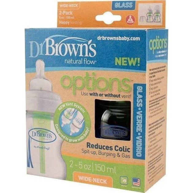 Dr. Brown\'s Natural Flow Options Γυάλινα Μπιμπερό με Φαρδύ Λαιμό & Θηλή Σιλικόνης 0m+ 2Τμχ 150ML 16/WB 5200 Dr. Brown\'s Natural Flow Options Γυάλινα Μπιμπερό με Φαρδύ Λαιμό & Θηλή Σιλικόνης 0m+ 2Τμχ 150ML 16/WB 5200