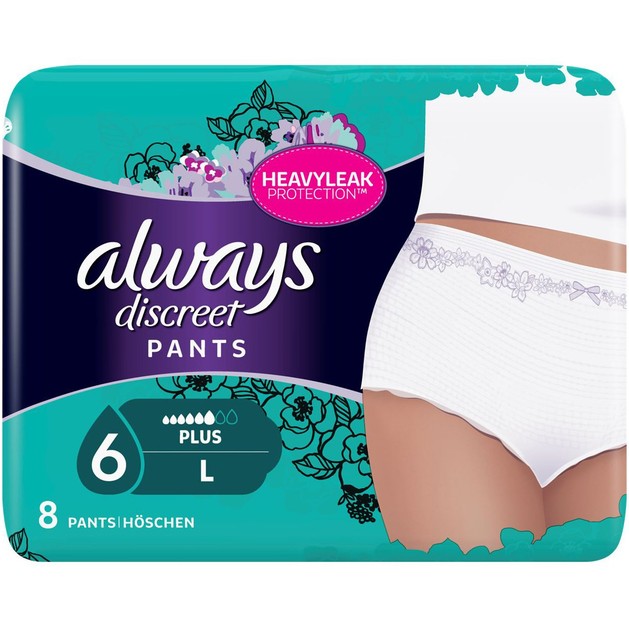 Always Discreet Pants Plus Large Υπεραπορροφητικό Εσώρουχο Ακράτειας, Απορροφά Ακόμα & τις Βαρύτερες Διαρροές 8 Τεμάχια Always Discreet Pants Plus Large Υπεραπορροφητικό Εσώρουχο Ακράτειας, Απορροφά Ακόμα & τις Βαρύτερες Διαρροές 8 Τεμάχια