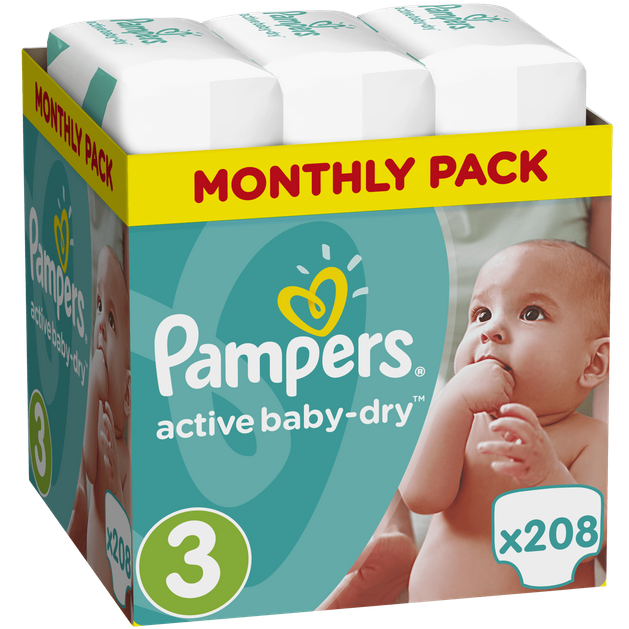 Pampers Active Baby Dry Monthly Pack No3 (5-9kg) 208 πάνες, μόνο 0,14€ / πάνα Pampers Active Baby Dry Monthly Pack No3 (5-9kg) 208 πάνες, μόνο 0,14€ / πάνα