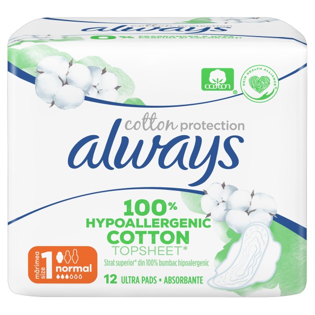 Always Cotton Protection Normal Σερβιέτες με Φτερά & Κάλυμμα από 100% Οργανικό Βαμβάκι για Κανονική Ροή 12 Pads Always Cotton Protection Normal Σερβιέτες με Φτερά & Κάλυμμα από 100% Οργανικό Βαμβάκι για Κανονική Ροή 12 Pads