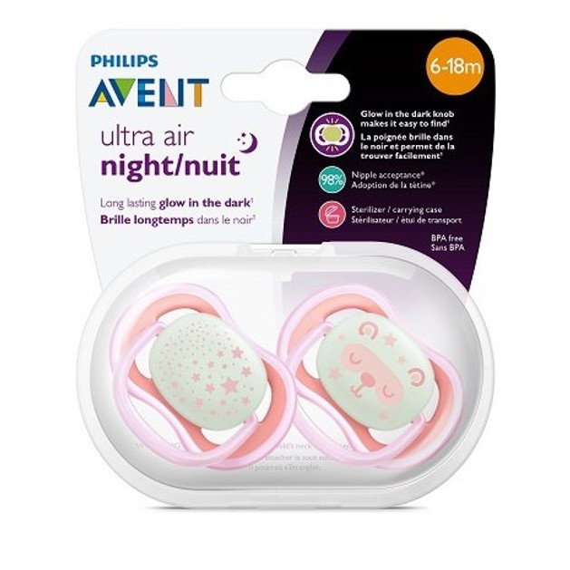 Avent Ultra Air Night Ορθοδοντική Πιπίλα Σιλικόνης με Κρίκο Ροζ 6-18m 2τμχ SCF376/22 Avent Ultra Air Night Ορθοδοντική Πιπίλα Σιλικόνης με Κρίκο Ροζ 6-18m 2τμχ SCF376/22