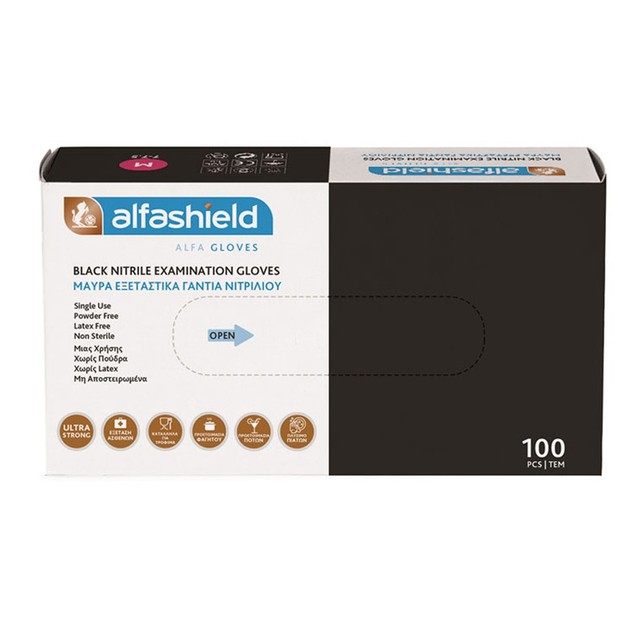 Alfashield Black Nitrile Examination Gloves Μαύρα Εξεταστικά Γάντια Νιτριλίου Χωρίς Πούδρα 100 Τεμάχια Alfashield Black Nitrile Examination Gloves Μαύρα Εξεταστικά Γάντια Νιτριλίου Χωρίς Πούδρα 100 Τεμάχια