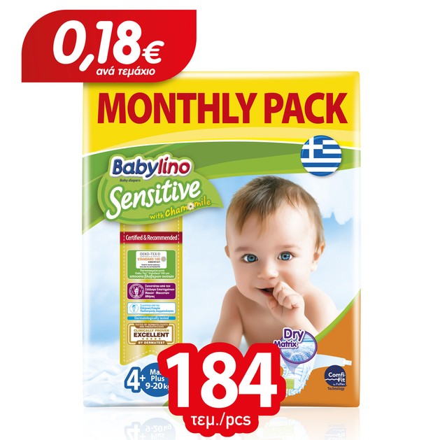 Babylino Sensitive Monthly Pack Maxi Plus Νο4+ (9-20kg) Βρεφικές Πάνες 184 τεμάχια Babylino Sensitive Monthly Pack Maxi Plus Νο4+ (9-20kg) Βρεφικές Πάνες 184 τεμάχια