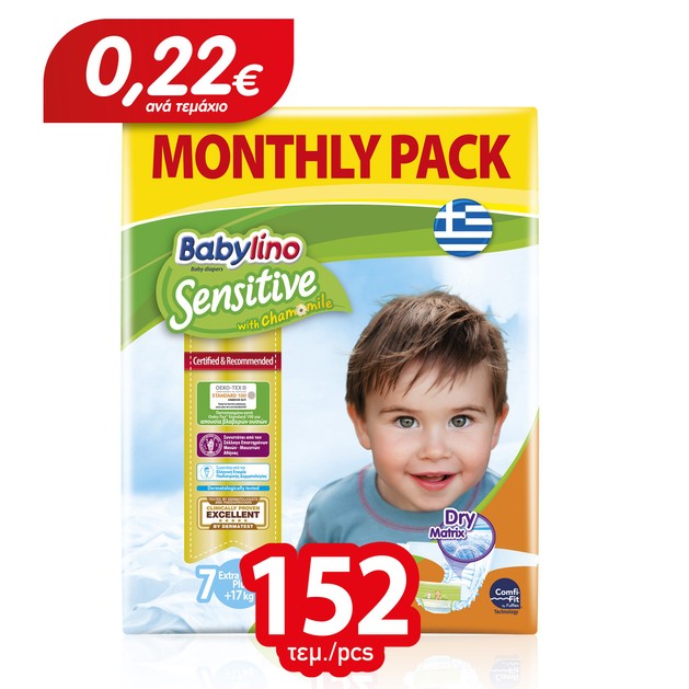 Babylino Sensitive Monthly Pack Extra Large Plus Νο7 (17+ kg) Παιδικές Πάνες 152 τεμάχια Babylino Sensitive Monthly Pack Extra Large Plus Νο7 (17+ kg) Παιδικές Πάνες 152 τεμάχια