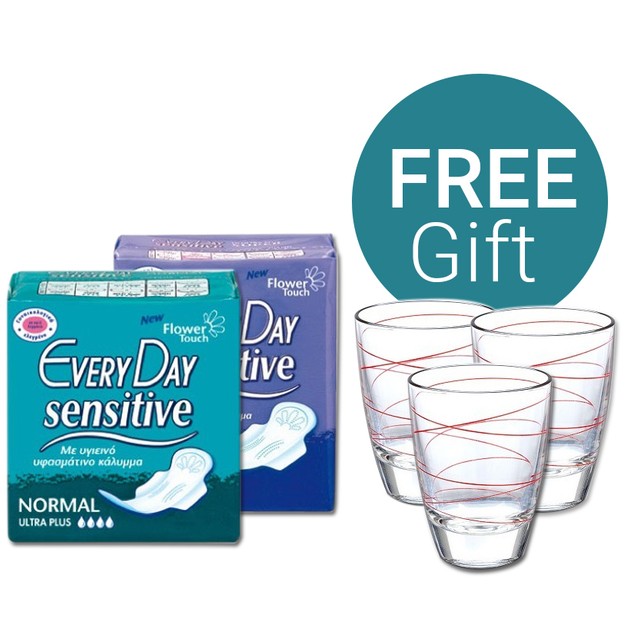 EveryDay Sensitive Ultra Plus Πακέτο Προσφοράς Normal 10 τμχ + Super 10 τμχ & ΔΩΡΟ Σετ 3 Ποτήρια Νερού Decover EveryDay Sensitive Ultra Plus Πακέτο Προσφοράς Normal 10 τμχ + Super 10 τμχ & ΔΩΡΟ Σετ 3 Ποτήρια Νερού Decover