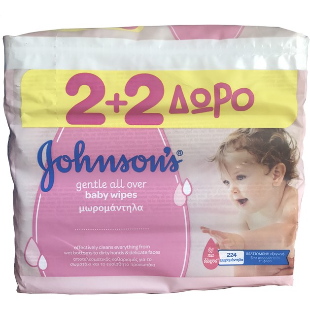 Johnson\'s Baby Gentle All Over Wipes Μωρομάντηλα 2+2 Δώρο 4 x 56 τεμάχια Johnson\'s Baby Gentle All Over Wipes Μωρομάντηλα 2+2 Δώρο 4 x 56 τεμάχια