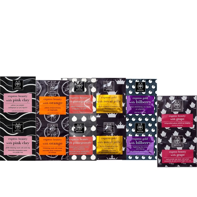 Apivita Face Masks Gift Set Express Beauty Pink Clay, Orange, Pomegranate, Royal Jelly, Bilberry & Δώρο Grape & Νεσεσέρ Apivita Face Masks Gift Set Express Beauty Pink Clay, Orange, Pomegranate, Royal Jelly, Bilberry & Δώρο Grape & Νεσεσέρ