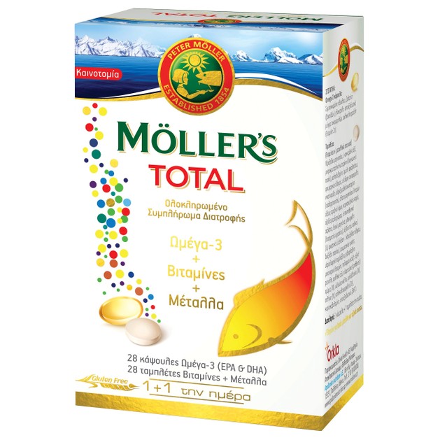 Moller’s Total Ολοκληρωμένη Φόρμουλα με Κάψουλες Ωμέγα-3 & Ταμπλέτες με Βιταμίνες, Μέταλλα & Ιχνοστοιχεία 28caps & 28tabs Moller’s Total Ολοκληρωμένη Φόρμουλα με Κάψουλες Ωμέγα-3 & Ταμπλέτες με Βιταμίνες, Μέταλλα & Ιχνοστοιχεία 28caps & 28tabs