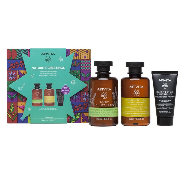 Apivita Nature\'s Greetings Tonic Mountain Tea Shower Gel 250ml,Frequent Use Gentle Daily Shampoo 250ml &Black Detox Cleans. 50ml Apivita Nature\'s Greetings Tonic Mountain Tea Shower Gel 250ml,Frequent Use Gentle Daily Shampoo 250ml &Black Detox Cleans. 50ml