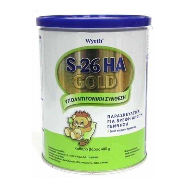 Wyeth S-26 ΗΑ Gold Βρεφικό Γάλα απο την Γέννηση με Υποαντιγονική Σύνθεση για την Αντικατάσταση του Μητρικού Γάλακτος 400gr Wyeth S-26 ΗΑ Gold Βρεφικό Γάλα απο την Γέννηση με Υποαντιγονική Σύνθεση για την Αντικατάσταση του Μητρικού Γάλακτος 400gr