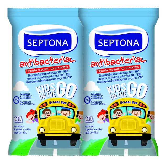 Septona Πακέτο Προσφοράς Antibacterial Kids on The Go Wipes Αντιβακτηριδιακά Μαντηλάκια Χεριών για Παιδιά 2x15 Τεμάχια 1+1 Δώρο Septona Πακέτο Προσφοράς Antibacterial Kids on The Go Wipes Αντιβακτηριδιακά Μαντηλάκια Χεριών για Παιδιά 2x15 Τεμάχια 1+1 Δώρο